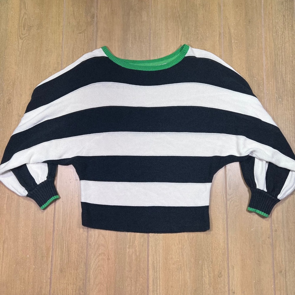 Maeve Anthropologie Striped Batwing Sweater Green Trim Black White‎ S OB1659146